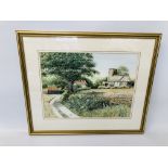 FRAMED WATERCOLOUR "RAVINGHAM CHURCH" BEARS SIGNATURE COLIN MORRIS 1986 H 30CM,