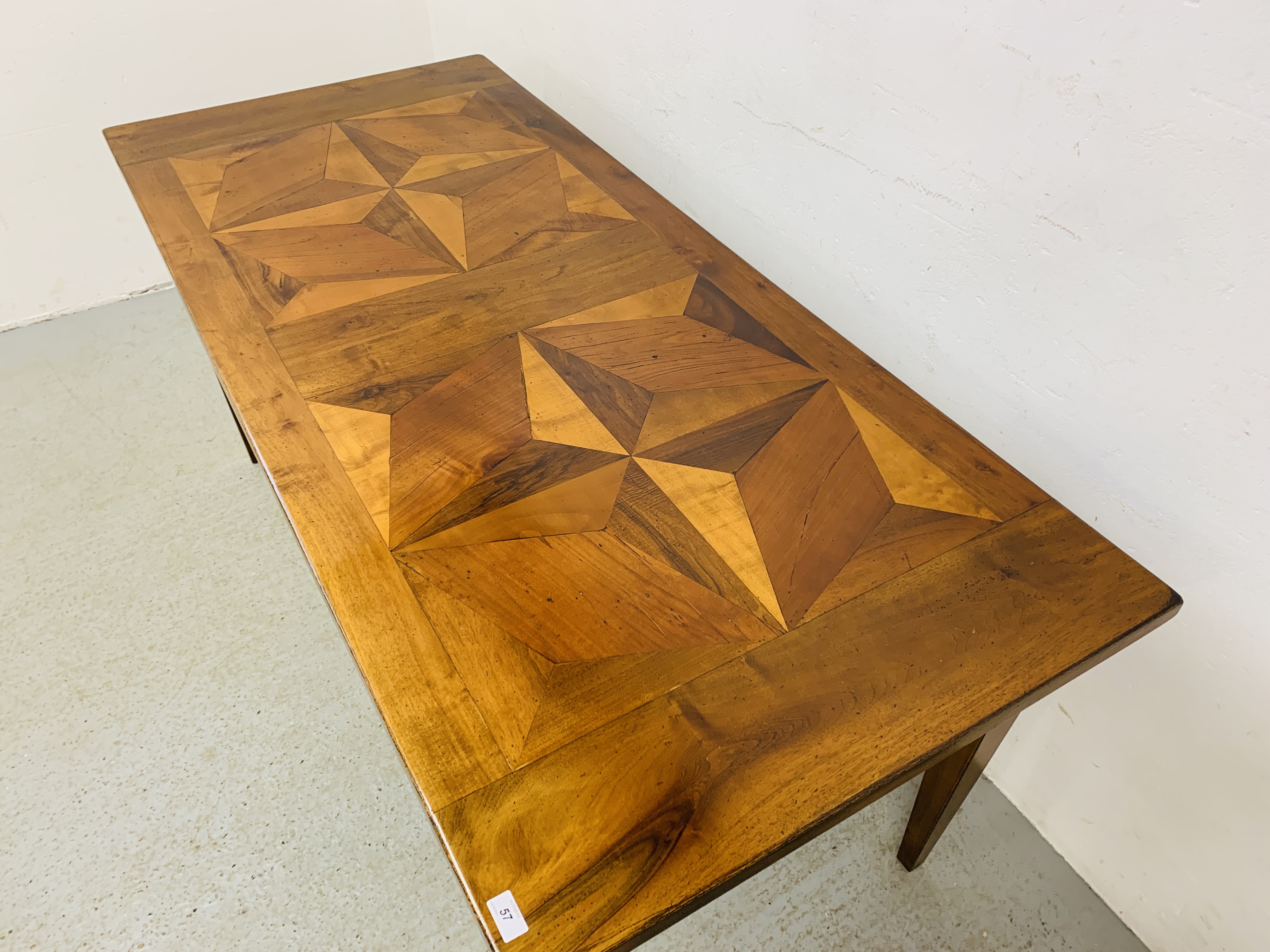 A MODERN HARDWOOD DINING TABLE WITH INLAID SECTIONAL DESIGN TOP 1.8M X 80CM. - Image 3 of 10