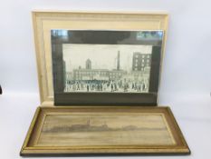 FRAMED LOWRY PRINT ALONG WITH AN ABSTRACT PRINT BEARING SIGNATURE JOHN PIPEN ALONG WITH A FRAMED