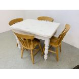 4 BEECH WOOD DINING CHAIRS + PAINTED KITCHEN PINE TABLE