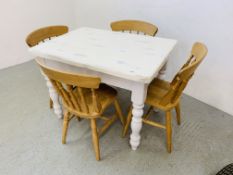 4 BEECH WOOD DINING CHAIRS + PAINTED KITCHEN PINE TABLE