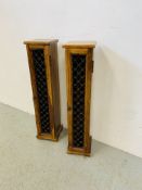 A PAIR OF RUSTIC HARDWOOD CD MEDIA STORAGE CABINETS WITH IRON CRAFT DETAIL EACH H 92CM. W 20CM.