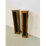 A PAIR OF RUSTIC HARDWOOD CD MEDIA STORAGE CABINETS WITH IRON CRAFT DETAIL EACH H 92CM. W 20CM.