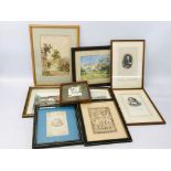 A BOX OF ASSORTED FRAMED PICTURES WATER COLOURS AND ETCHING TO INCLUDE NORFOLK SCENE AND FRAMED