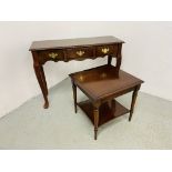 A REPRODUCTION THREE DRAWER HALL TABLE - W 92CM. D 31CM. H 69CM.