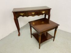 A REPRODUCTION THREE DRAWER HALL TABLE - W 92CM. D 31CM. H 69CM.