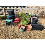 A LARGE QUANTITY OF ASSORTED GARDEN PLANTERS, COMPOSTER, TWO SACKS MULTIPURPOSE COMPOST,