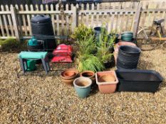 A LARGE QUANTITY OF ASSORTED GARDEN PLANTERS, COMPOSTER, TWO SACKS MULTIPURPOSE COMPOST,