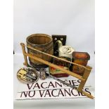 BOX OF ASSORTED COLLECTABLE'S TO INCLUDE VINTAGE TINS, PLATED WARE AND CUTLERY SAW,