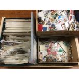 TRAY OF FIRST DAY COVERS, ON AND OFF PAPER WORLD STAMPS, SOME SORTED BY COUNTRY,