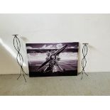 MODERN ART CANVAS OF BI PLANE ON LANDING STRIP AND 2 CRAFT METAL CANDLE HOLDERS