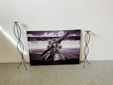 MODERN ART CANVAS OF BI PLANE ON LANDING STRIP AND 2 CRAFT METAL CANDLE HOLDERS