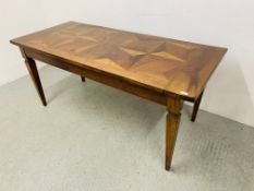 A MODERN HARDWOOD DINING TABLE WITH INLAID SECTIONAL DESIGN TOP 1.8M X 80CM.