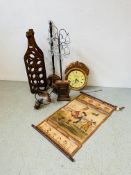 A SMALL HARDWOOD CARVED CABINET, 11 BOTTLE WOODEN BOTTLE RACK, HANGING COPPER AFFECT LANTERN,