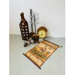 A SMALL HARDWOOD CARVED CABINET, 11 BOTTLE WOODEN BOTTLE RACK, HANGING COPPER AFFECT LANTERN,