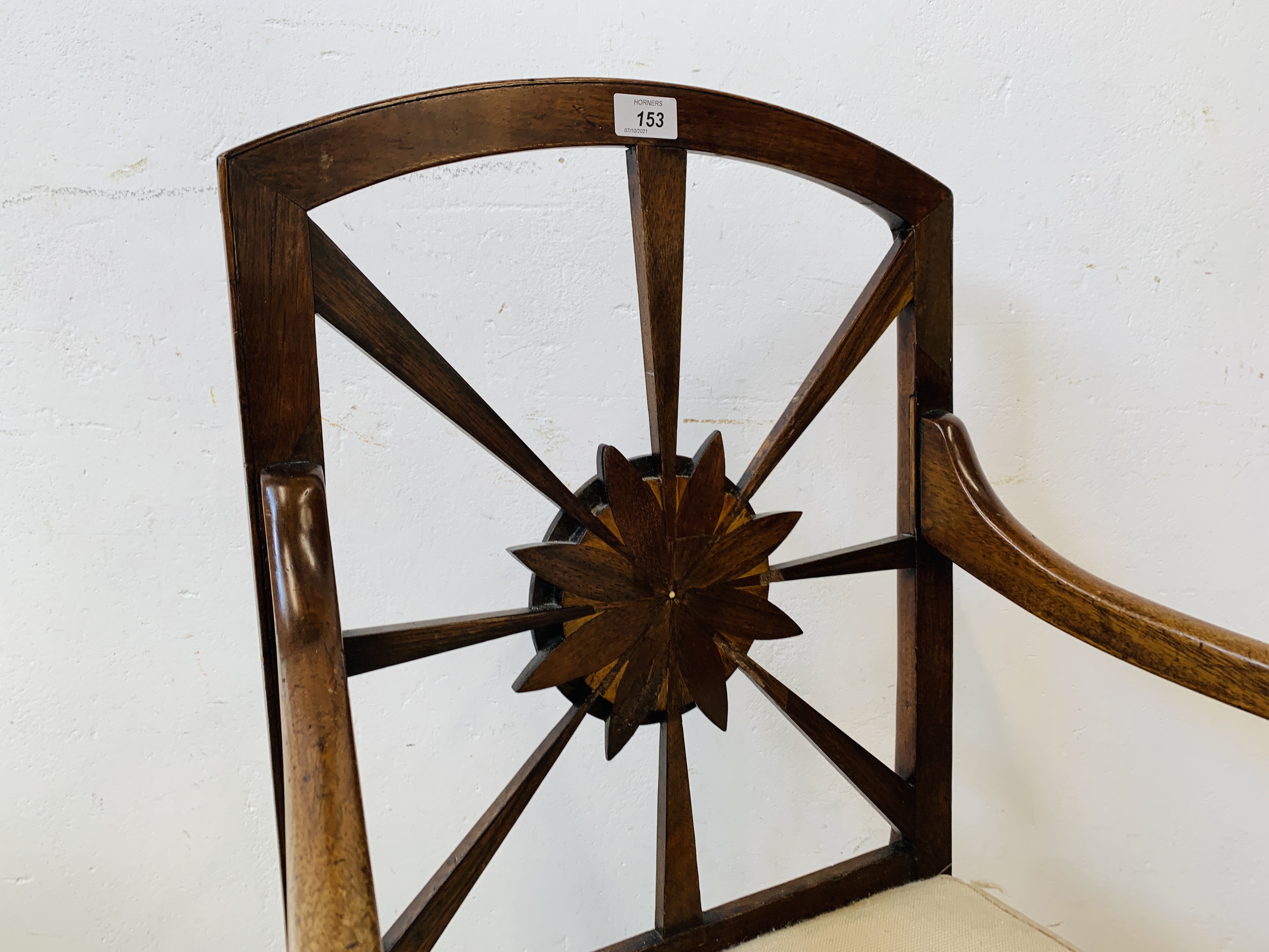 A PERIOD MAHOGANY ELBOW CHAIR WITH UNUSUAL FLOWERHEAD DESIGN TO BACK AND EMBROIDED SEAT - Image 2 of 5