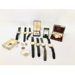 BOX OF ASSORTED GENT'S WRIST WATCHES TO INCLUDE BOXED ROTARY, WHITE METAL PENDANT AND CHAIN,