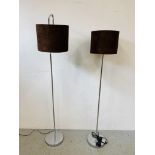 2 X MODERN CHROME STANDARD LAMPS WITH BROWN FAUX SUEDE SHADES - SOLD AS SEEN