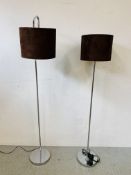 2 X MODERN CHROME STANDARD LAMPS WITH BROWN FAUX SUEDE SHADES - SOLD AS SEEN