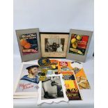 BOX OF ASSORTED EPHEMERA MAINLY RELATING TO ADVERTISING ALONG WITH AN AVON BRILLIANT POLISH