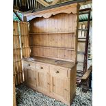 A TRADITIONAL WAXED PINE 3 DRAWER, 3 DOOR KITCHEN DRESSER - FOR REFURBISHMENT - W 137CM, D 41CM,