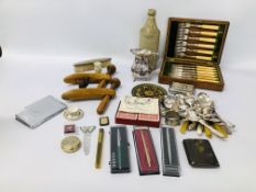 BOX OF COLLECTIBLES TO INCLUDE STONEWARE BOTTLE W MATTISON DILHAM, OAK CASED FISH CUTLERY,