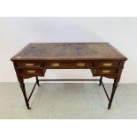 PERIOD MAHOGANY 5 DRAWER WRITING DESK BEARING MAKERS MARK "HOWARD & SONS", TOOLED LEATHER TOP,