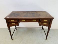 PERIOD MAHOGANY 5 DRAWER WRITING DESK BEARING MAKERS MARK "HOWARD & SONS", TOOLED LEATHER TOP,