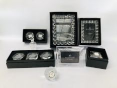 COLLECTION OF BOXED ROYAL DOULTON CRYSTAL GLASS COMPRISING A DESK CLOCK, PAIR OF TEALIGHT HOLDERS,