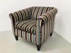 A MODERN DESIGNER STRIPED UPHOLSTERED ARM CHAIR