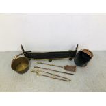 AN ANTIQUE BRASS AND IRON FRETWORK FENDER ALONG WITH A BRASS AND IRON 3 PIECE COMPANION SET,