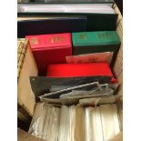LARGE BOX GB AND CHANNEL ISLANDS FDC AND PHQ CARDS, LOOSE STAMPS, LARGE ALBUM OF MODERN POSTCARDS.
