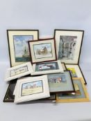 BOX OF ASSORTED FRAMED WATERCOLOURS - 12 BEARING SIGNATURE PETER BRYAN, INCLUDING LOCAL INTEREST,