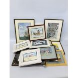BOX OF ASSORTED FRAMED WATERCOLOURS - 12 BEARING SIGNATURE PETER BRYAN, INCLUDING LOCAL INTEREST,