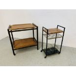 A METAL FRAMED RETRO TROLLEY ALONG WITH A RETRO WOODEN FRAMED TEA TROLLEY WITH DETACHABLE TRAY