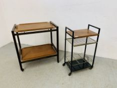 A METAL FRAMED RETRO TROLLEY ALONG WITH A RETRO WOODEN FRAMED TEA TROLLEY WITH DETACHABLE TRAY