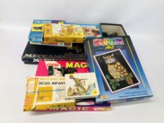 COLLECTION OF VINTAGE GAMES TO INCLUDE MAJIC, SEQUIN, MB HANGMAN, LUDO / SNAKES & LADDERS,