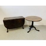 AN ANTIQUE MAHOGANY GATELEG D/TABLE, BALL AND CLAW FOOT - W 107CM. D 47CM. EXTENDED 151CM.