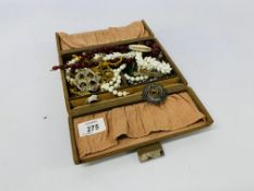 BOX OF ASSORTED VINTAGE COSTUME JEWELLERY, GLASS BEADS, JADE HEART PENDANT ON 9CT GOLD LOOP,