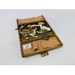 BOX OF ASSORTED VINTAGE COSTUME JEWELLERY, GLASS BEADS, JADE HEART PENDANT ON 9CT GOLD LOOP,