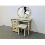 A VICTORIAN ANTIQUE FRENCH STYLE 3 DRAWER DRESSING TABLE AND STOOL 110CM WIDE X 48CM DEEP X 77CM