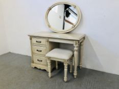 A VICTORIAN ANTIQUE FRENCH STYLE 3 DRAWER DRESSING TABLE AND STOOL 110CM WIDE X 48CM DEEP X 77CM