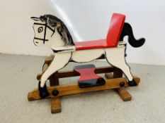 A VINTAGE WOODEN CHILD'S ROCKING HORSE WITH LABEL COUNTRY COTTAGE CRAFTS