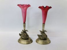 PAIR OF VINTAGE SWAN EPEREIGNES WITH FLUTED CRANBERRY INSERTS