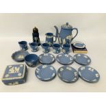 COLLECTION OF 18 PIECES OF WEDGWOOD JASPERWARE TO INCLUDE COFFEE POT, SUGAR SHAKER ETC.