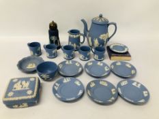 COLLECTION OF 18 PIECES OF WEDGWOOD JASPERWARE TO INCLUDE COFFEE POT, SUGAR SHAKER ETC.