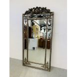 A MODERN LARGE GOTHIC STYLE WALL MIRROR, BEVELLED GLASS EDGE, SILVER FINISH - 175CM X 92CM.