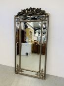 A MODERN LARGE GOTHIC STYLE WALL MIRROR, BEVELLED GLASS EDGE, SILVER FINISH - 175CM X 92CM.