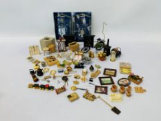 3 X SMALL BOXES OF ASSORTED MINIATURE DOLLS HOUSE ACCESSORIES TO INCLUDE LIGHT FITTINGS,