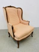 VINTAGE OAK FRAMED FIRESIDE CHAIR - QUEEN ANN STYLE LEG,